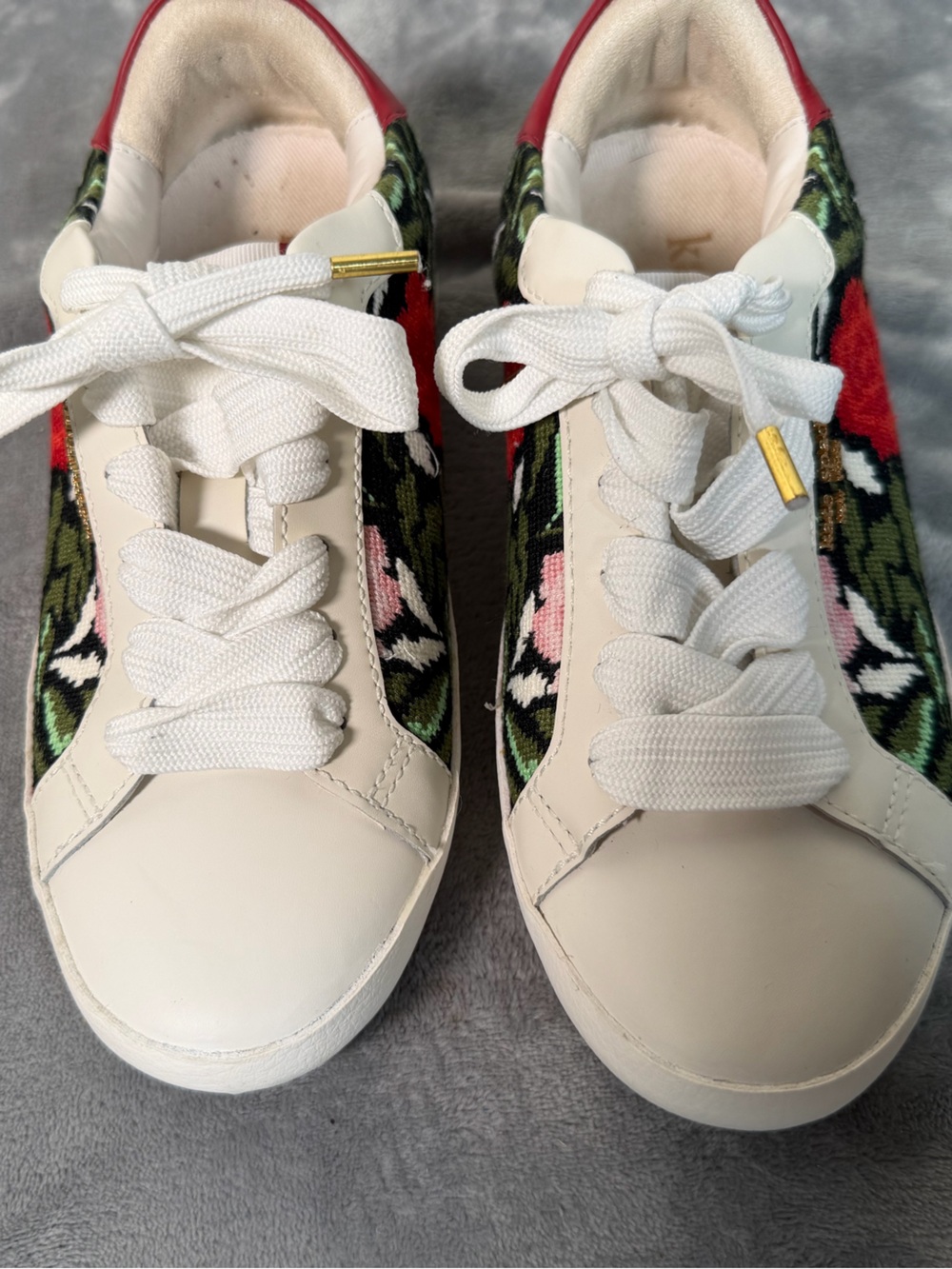 kate spade White Leather Sneakers with Floral Green & Red Embroidered Panels